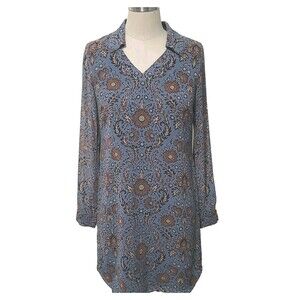 CAbi Dress Womens XS Blue Tan Floral Boho Tunic Shift LS Lined Mini